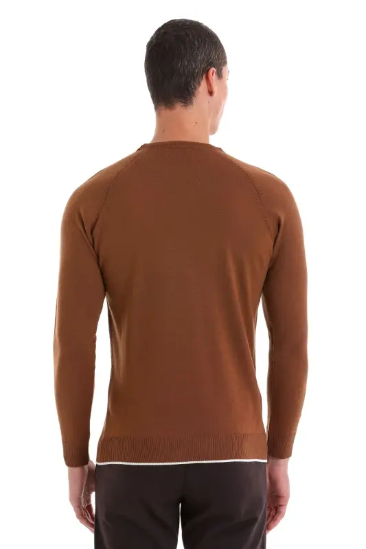 Kahverengi Regular Fit Jakarlı Bisiklet Yaka Yünlü Triko Kazak-Tütün - 6