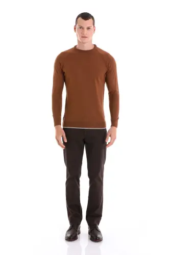 Kahverengi Regular Fit Jakarlı Bisiklet Yaka Yünlü Triko Kazak-Tütün - HATEMOĞLU (1)