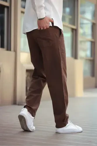 Kahverengi Renk Erkek Yazlık Keten Karışımı Relaxed Pantolon - Kahverengi-Kahverengi - COMBİNE MİCHAİL (1)