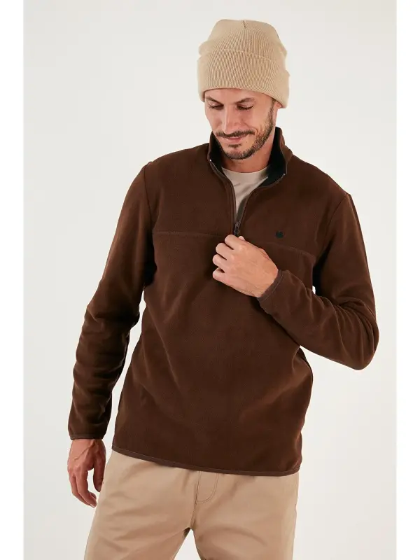 Kahverengi Slim Fit Anti-Pilling Bato Yaka Kışlık Şardonlu Erkek Polar Sweatshirt 5906001-Kahverengi - LC WAIKIKI