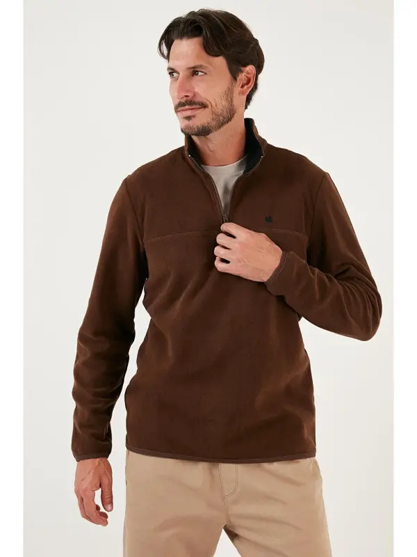 Kahverengi Slim Fit Anti-Pilling Bato Yaka Kışlık Şardonlu Erkek Polar Sweatshirt 5906001-Kahverengi - 2