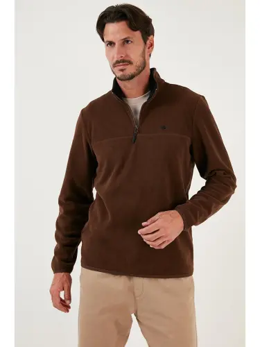 Kahverengi Slim Fit Anti-Pilling Bato Yaka Kışlık Şardonlu Erkek Polar Sweatshirt 5906001-Kahverengi - 3