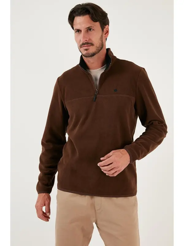 Kahverengi Slim Fit Anti-Pilling Bato Yaka Kışlık Şardonlu Erkek Polar Sweatshirt 5906001-Kahverengi - 3