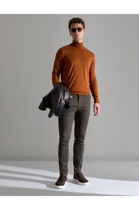 Kahverengi Slim Fit Balıkçı Yaka Basic Triko Kazak 50314202-VR040 - Pas - 1