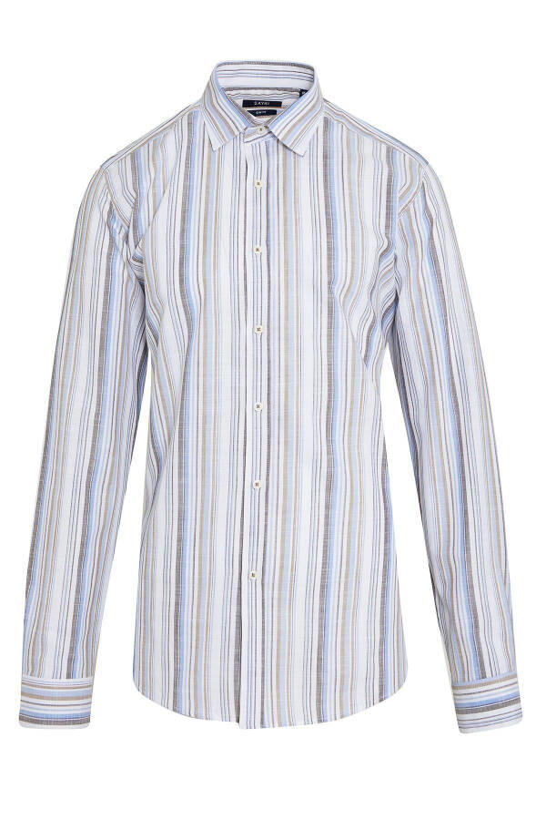 Kahverengi Slim Fit Çizgili 100% Pamuk Slim Yaka Uzun Kollu Klasik Gömlek - Kahverengi Ç. - 1