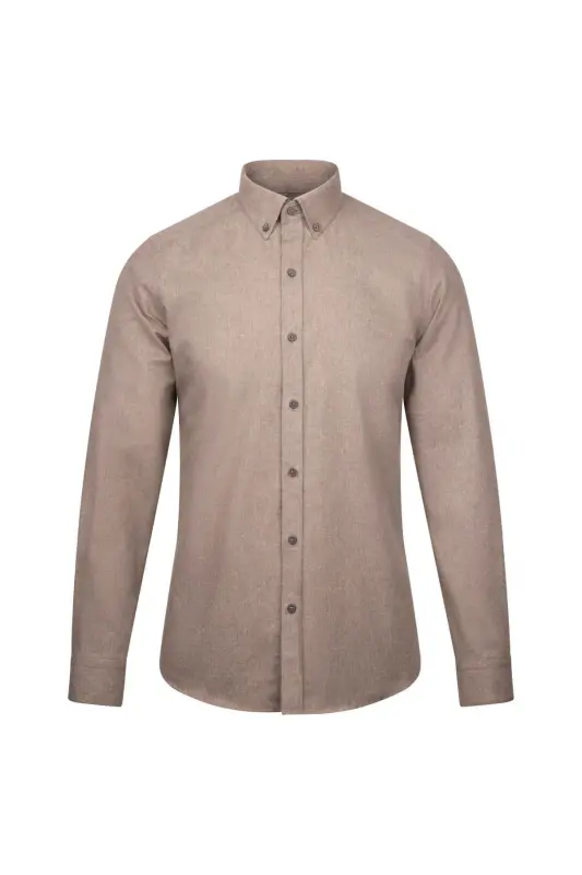 Kahverengi Slim Fit Uzun Kollu Düğmeli Yaka Pamuklu Gömlek - Kahverengi - 1