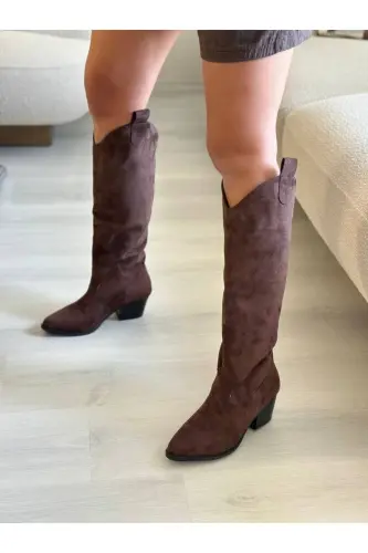 Kahverengi Süet Western Tarzı Dizaltı Uzun Kadın Çizme - Kahverengi Süet - SHOEBOURNE (1)