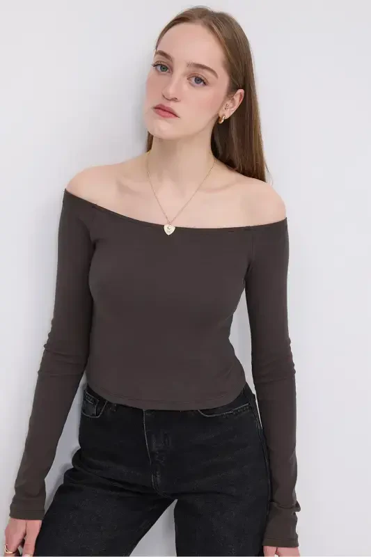 Кайык Яка Crop Bluz B1593-S8-Z.Kahve - 4