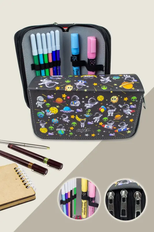 Kalem Kutusu Astronaut Kawaii Desen Orginazer Üç Bölmeli Vegan Deri (KALEMLİK)-Astronaut Siyah - SIZE