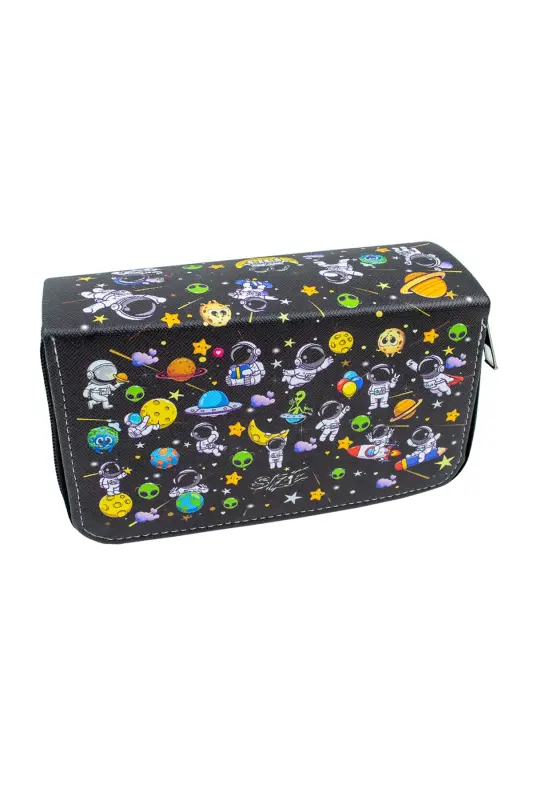Kalem Kutusu Astronaut Kawaii Desen Orginazer Üç Bölmeli Vegan Deri (KALEMLİK)-Astronaut Siyah - 2