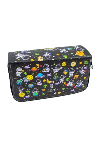 Kalem Kutusu Astronaut Kawaii Desen Orginazer Üç Bölmeli Vegan Deri (KALEMLİK)-Astronaut Siyah - 2