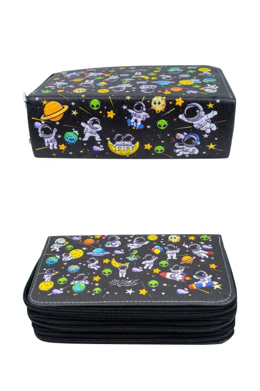 Kalem Kutusu Astronaut Kawaii Desen Orginazer Üç Bölmeli Vegan Deri (KALEMLİK)-Astronaut Siyah - 3