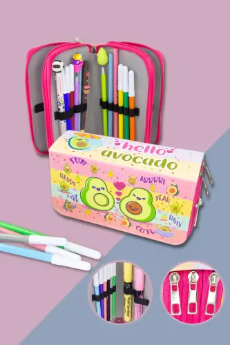 Kalem Kutusu Avocado Kawaii Desen Orginazer Üç Bölmeli (kalemlik) - Avocado 