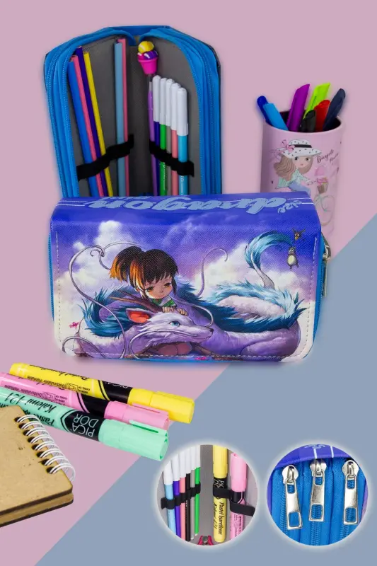 Kalem Kutusu Dragon Gril Orginazer Üç Bölmeli (kalemlik)-Pembe (Fermuar) - SIZE