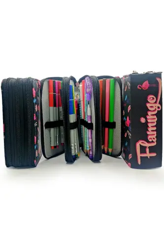 Kalem Kutusu Flamingo Siyah Kawai Organizer Kalemkutu Vegan Deri Üç Bölmeli Kalemlik Siyah-S.Flamingo - 5
