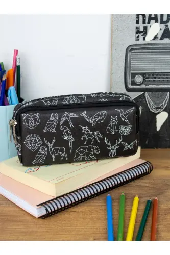 Kalem Kutusu Geometrik Hayvanlar İki Bölmeli Vegan Deri (çift Gözlü Kalemlik)-Geometrik Hayvanlar 