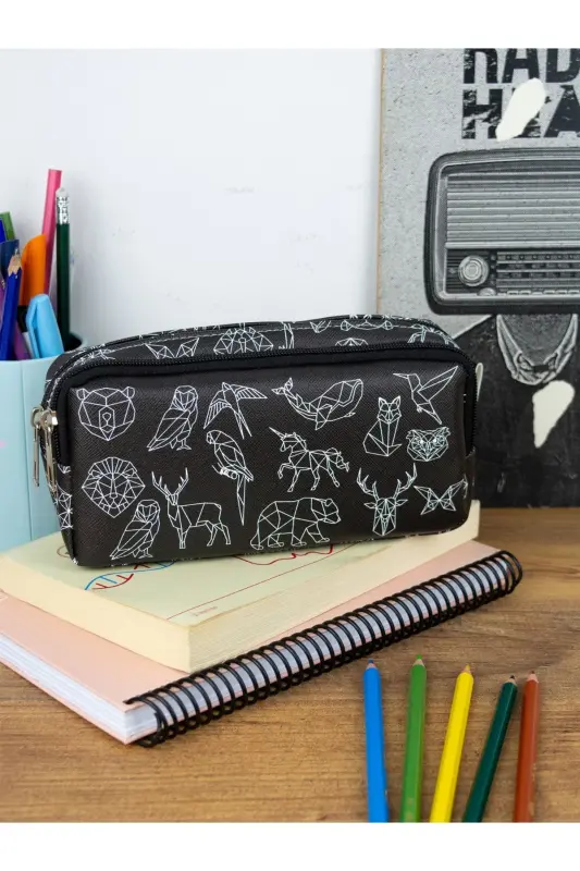 Kalem Kutusu Geometrik Hayvanlar İki Bölmeli Vegan Deri (çift Gözlü Kalemlik)-Geometrik Hayvanlar - ONESIZE