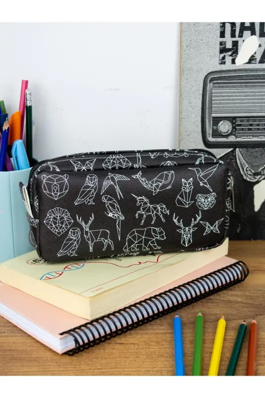 Kalem Kutusu Geometrik Hayvanlar İki Bölmeli Vegan Deri (çift Gözlü Kalemlik)-Geometrik Hayvanlar - 2