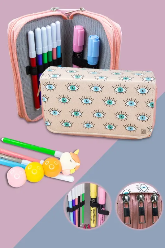 Kalem Kutusu Göz Temalı Üç Bölmeli Vegan Deri (kalemlik)-Göz - SIZE