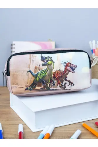 Kalem Kutusu Jurassic World Temalı İki Bölmeli Vegan Deri (Çift Gözlü Kalemlik) - 2 li Jurassic World - 1
