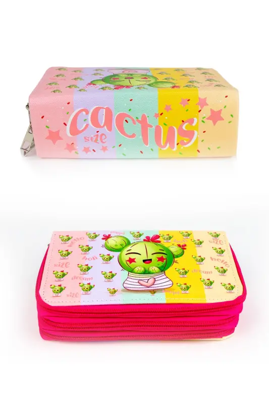 Kalem Kutusu Kaktüs Kawaii Desen Orginazer Üç Bölmeli Kalemlik - Kaktüs - 3