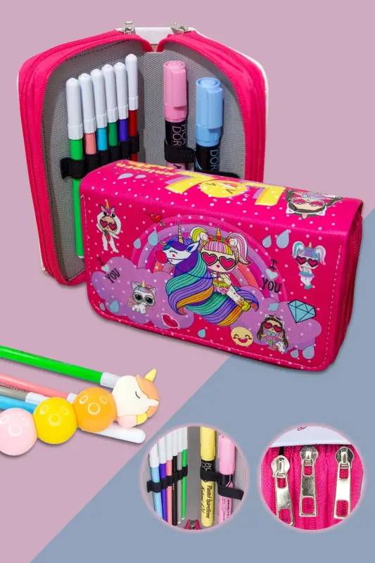 Kalem Kutusu Lol-unicorn Temalı Üç Bölmeli Kalemlik - Lol Pembesi - 1