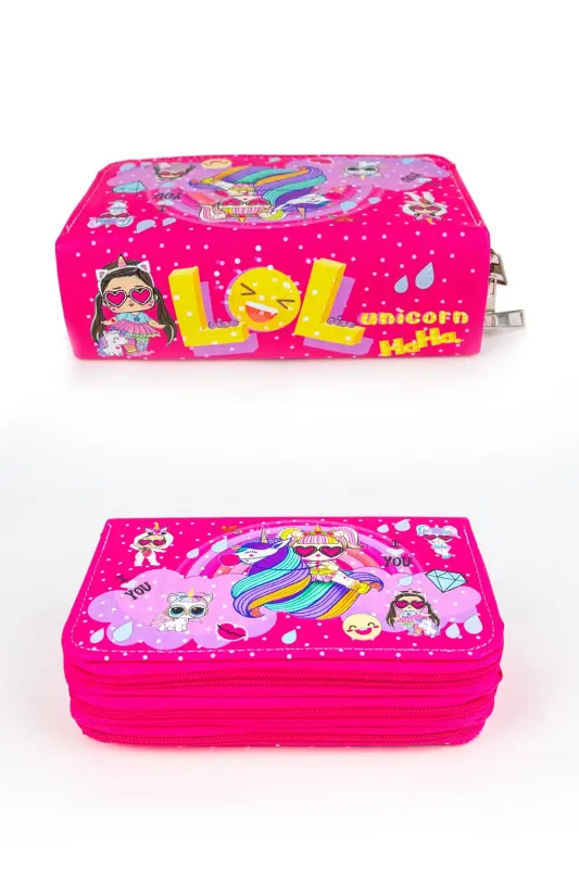 Kalem Kutusu Lol-unicorn Temalı Üç Bölmeli Kalemlik - Lol Pembesi - 3