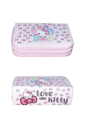 Kalem Kutusu Love Kitty Temalı Kawaii Desen Orginazer Vegan Deri Üç Bölmeli (kalemlik)-3'lü Love Kitty - 3