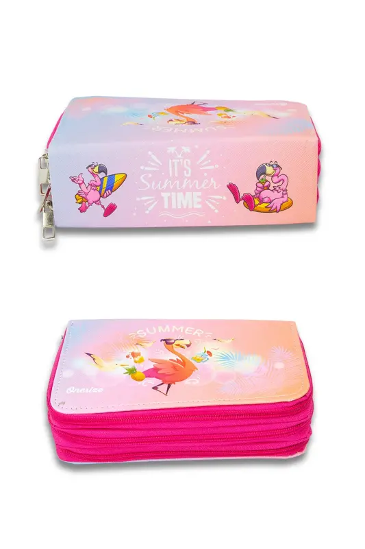 Kalem Kutusu Summer Flamingo Üç Bölmeli Vegan Deri-Summer Flamingo - 4