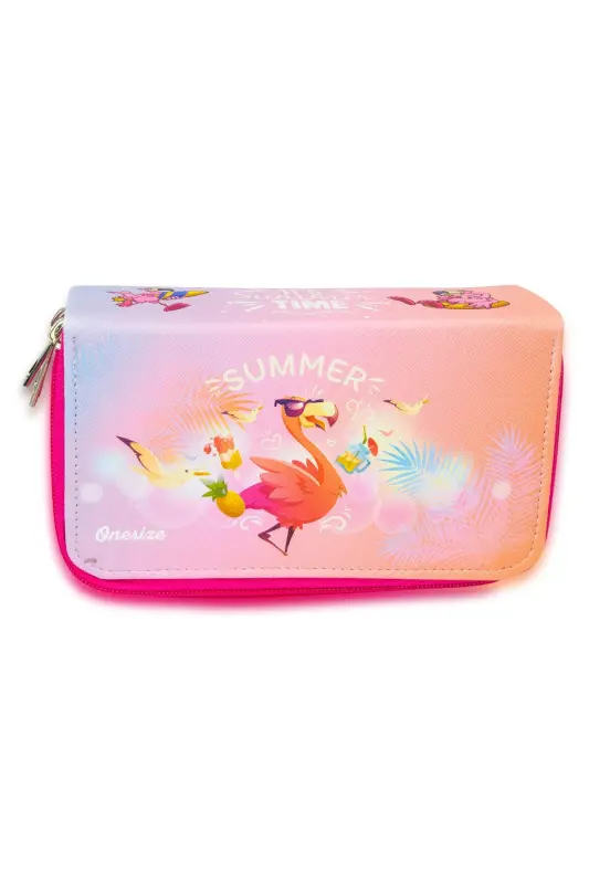 Kalem Kutusu Summer Flamingo Üç Bölmeli Vegan Deri-Summer Flamingo - 2