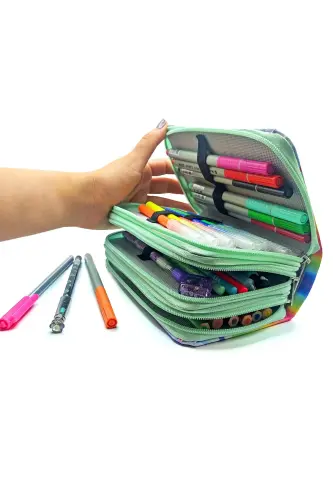 Kalem Kutusu Unicorn Cool Tarz Kawai Organizer Kalemkutu Vegan Deri Üç Bölmeli Kalemlik - Yeşil-Yeşil Unicorn - 4