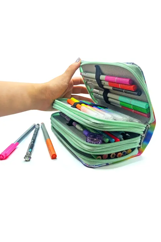 Kalem Kutusu Unicorn Cool Tarz Kawai Organizer Kalemkutu Vegan Deri Üç Bölmeli Kalemlik - Yeşil-Yeşil Unicorn - 4