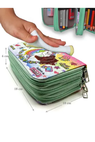Kalem Kutusu Unicorn Cool Tarz Kawai Organizer Kalemkutu Vegan Deri Üç Bölmeli Kalemlik - Yeşil-Yeşil Unicorn - 6