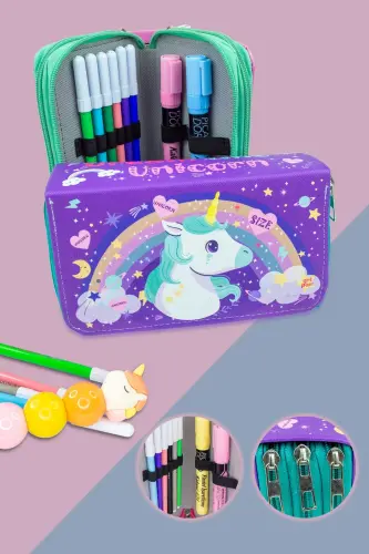 Kalem Kutusu Unıcorn Kawaii Desen Orginazer Üç Bölmeli (kalemlik)-Unicorn Mor 