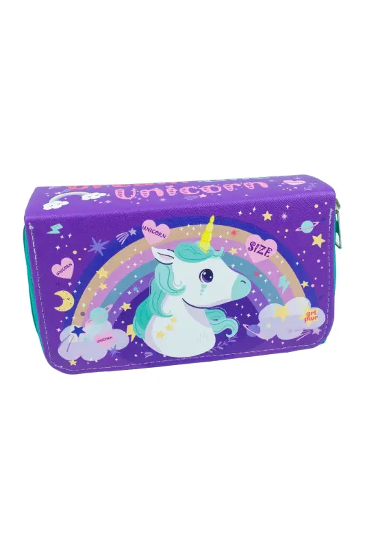 Kalem Kutusu Unıcorn Kawaii Desen Orginazer Üç Bölmeli (kalemlik)-Unicorn Mor - 2