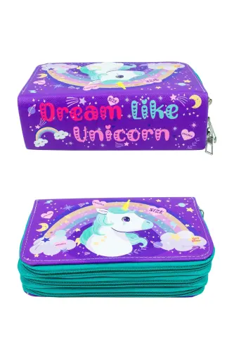 Kalem Kutusu Unıcorn Kawaii Desen Orginazer Üç Bölmeli (kalemlik)-Unicorn Mor - 3