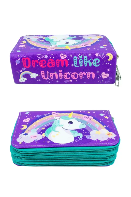 Kalem Kutusu Unıcorn Kawaii Desen Orginazer Üç Bölmeli (kalemlik)-Unicorn Mor - 3