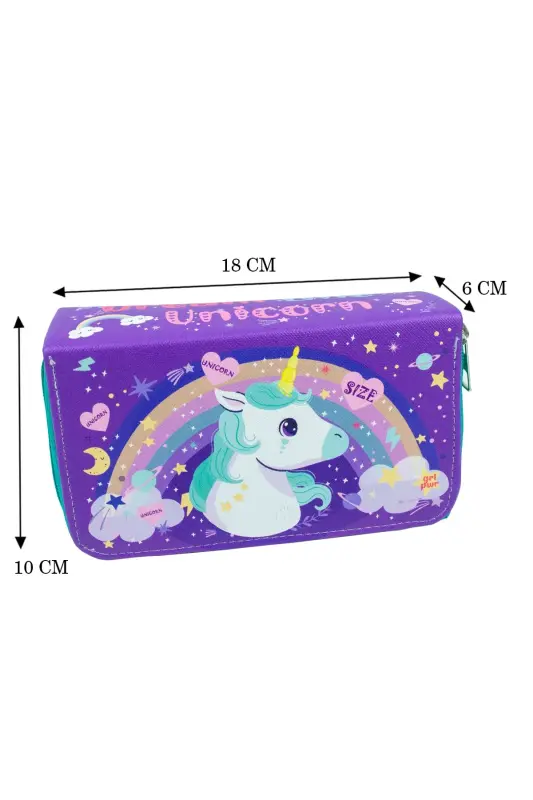 Kalem Kutusu Unıcorn Kawaii Desen Orginazer Üç Bölmeli (kalemlik)-Unicorn Mor - 4