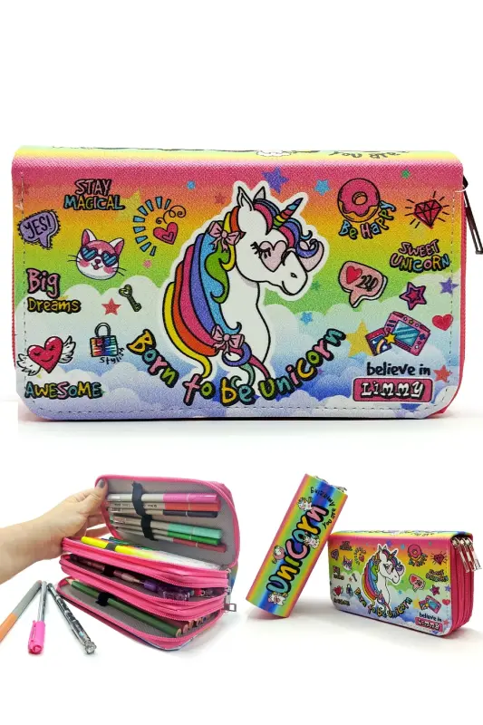 Kalem Kutusu Unicorn Pembe Cool Tarz Kawai Organizer Kalemkutu Üç Bölmeli Kalemlik-Pembe - 1