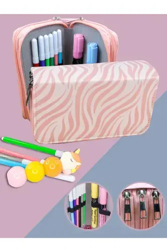 Kalem Kutusu Zebra Desen Pembe Vegan Deri Üç Bölmeli (kalemlik)-Zebra Pembe - 1