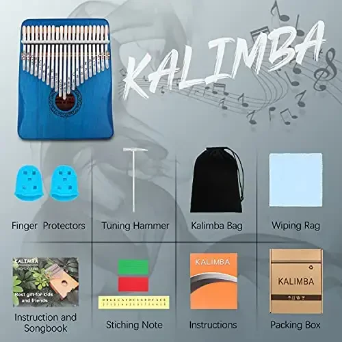Kalimba Thumb Piano, YUNDIE Portable 21 Keys Mbira Finger Piano with Tune Hammer and Study Instruction, Musical Instruments Gift for Adult Beginners Professional (Blue) - 4