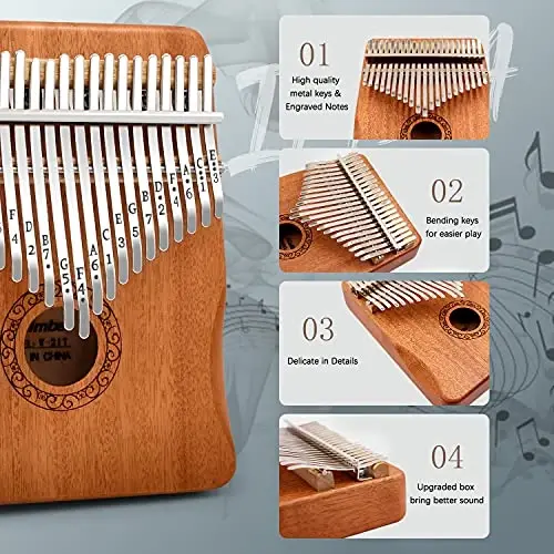 Kalimba Thumb Piano, YUNDIE Potable 17 Keys Mbira Finger Piano with Tune Hammer and Study Instruction, Adult Beginners Professional uchun musiqa asboblari sovg'asi (jigarrang, 21 keys) - YUNDIE (1)