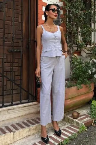 Kalın Askılı Bluz Pantolon Keten Takım 10187 - 1