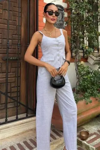 Kalın Askılı Bluz Pantolon Keten Takım 10187 - 2