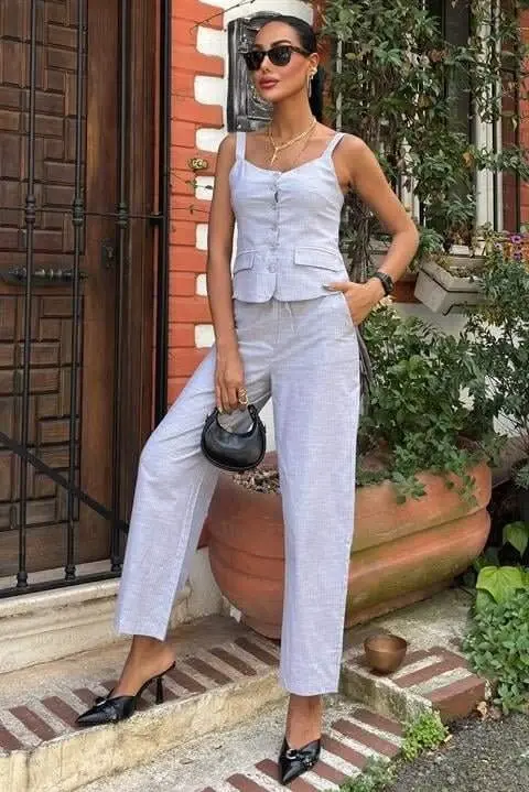 Kalın Askılı Bluz Pantolon Keten Takım 10187 - 6