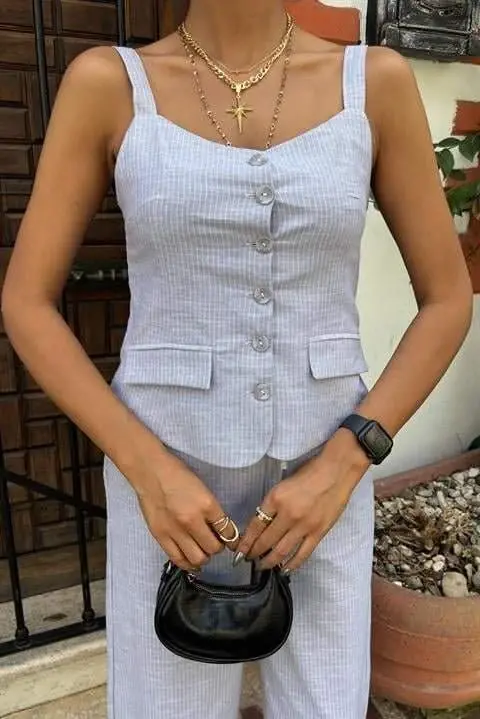 Kalın Askılı Bluz Pantolon Keten Takım 10187 - 7