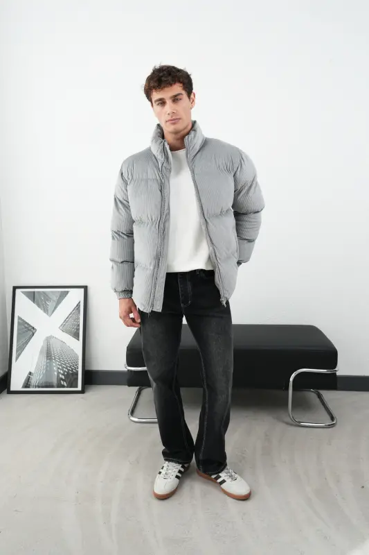 Kalın Fitilli Kadife Şişme Mont-GRİ - 6