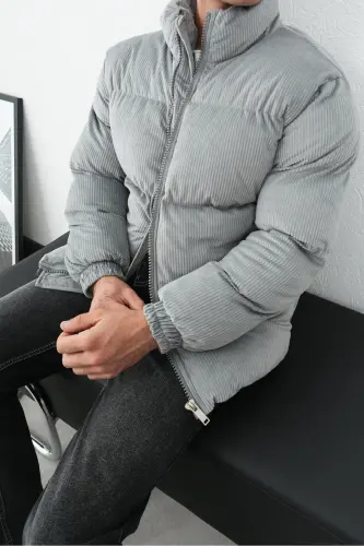 Kalın Fitilli Kadife Şişme Mont-GRİ - 7