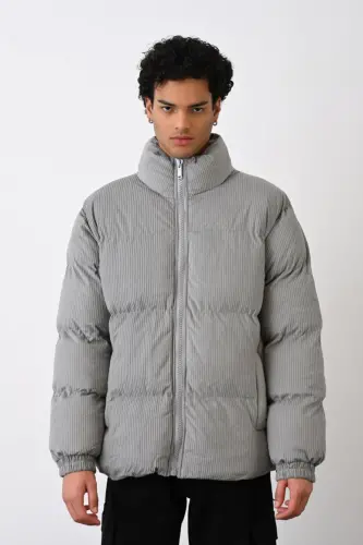 Kalın Fitilli Kadife Şişme Mont-GRİ - İLKCET MODA (1)