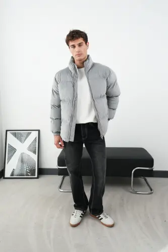 Kalın Fitilli Kadife Şişme Mont-GRİ - 6